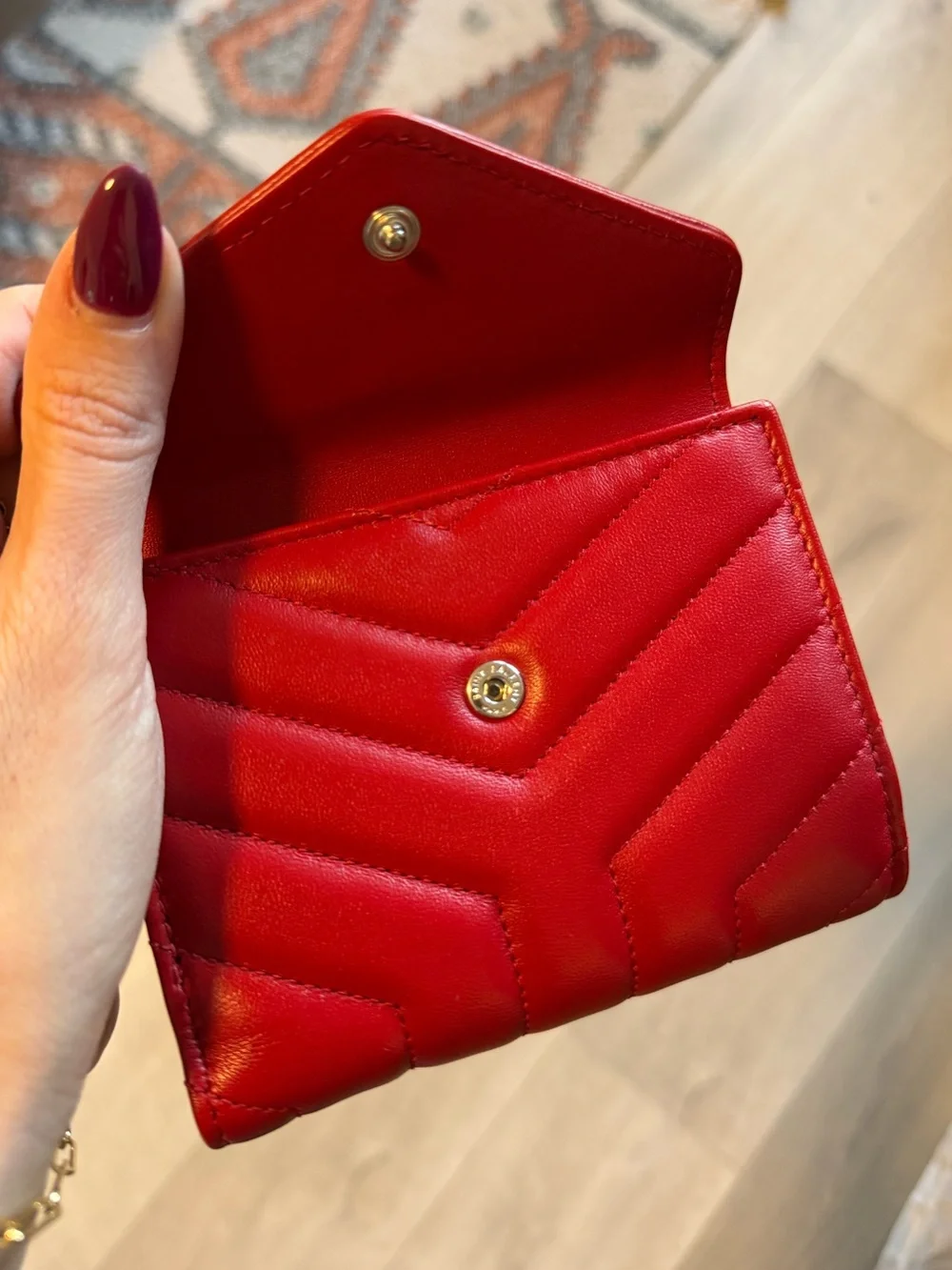 Saint Laurent Red LouLou Quilted Leather Envelope Wallet with Silver Hardware - Picture 4 of 5